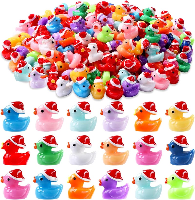 DULEFUN 100pcs Christmas Mini Ducks Statue, 14 Colors Tiny Small Little Resin Duck to Hide Miniature Statues for Xmas Winter Dollhouse Micro Fairy Garden Decoration - Image 1